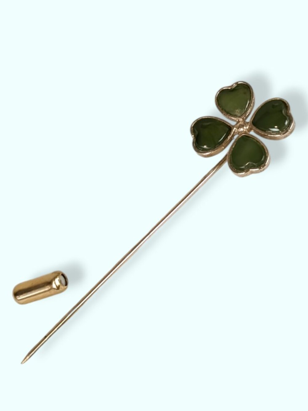 Victorian 1890s 10K Gold & Nephrite Jade Clover Stick Pin